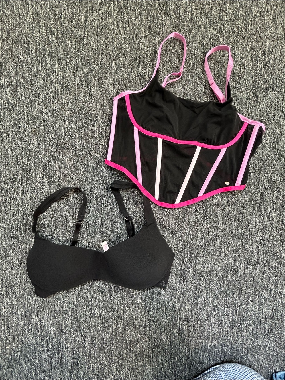 Women’s Black Corset Top with Pink Trim and a Pink Bra size small